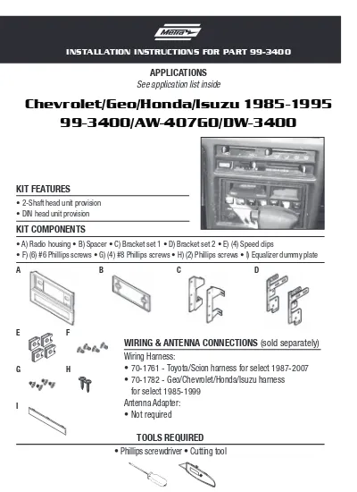 METRA 70-1782 Wiring Harness for Select 1985-1999 Geo/Chevrolet/Honda/Isuzu