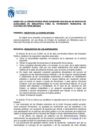 BASES: BOLSA DE PERSONAL PARA MANTENIMIENTO Y LIMPIEZA DE INSTALACIONES DEPORTIVAS DEL PATRONATO MUNICIPAL DEPORTES.