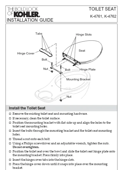 Toilet Seat Installation Guide K 4761 Install The Tabs Hinge Slots Cover Bolt Nut Plate - Kohler Toilet Seat Installation Guide