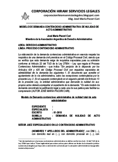 Modelo de Demanda Contencioso Administrativa de Nulidad de Acto  Administrativo - Autor José María Pacori Cari