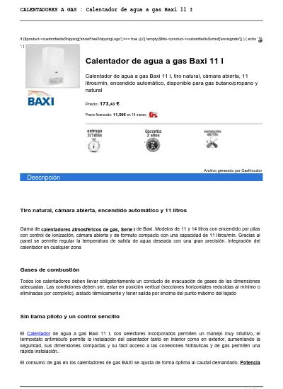 aterrizaje cinta Hectáreas Calentador de agua a gas Baxi 11 I