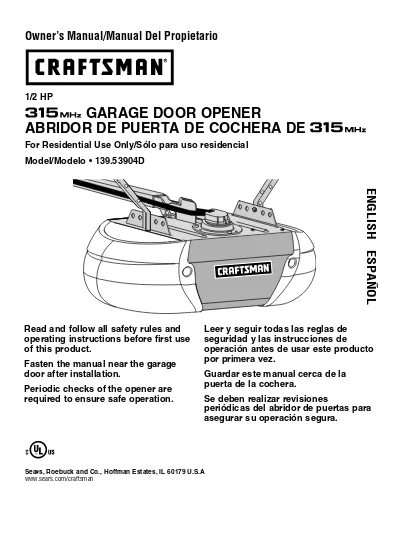 Garage Door Opener Owner S Manual, Sears Craftsman Garage Door Opener 1 2 Hp Manual