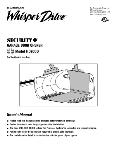 Garage Door Opener Owner S Manual, Chamberlain Whisper Drive Garage Door Opener Instructions