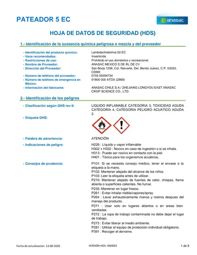 Pateador 5 Ec Hoja De Datos De Seguridad Hds 1 Identificación De La Sustancia Química 9919