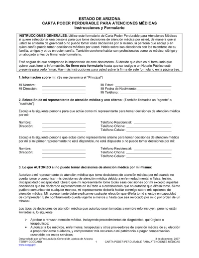 Estado De Arizona Carta Poder Perdurable Para Atenciones MÉdicas Instrucciones Y Formulario 9172